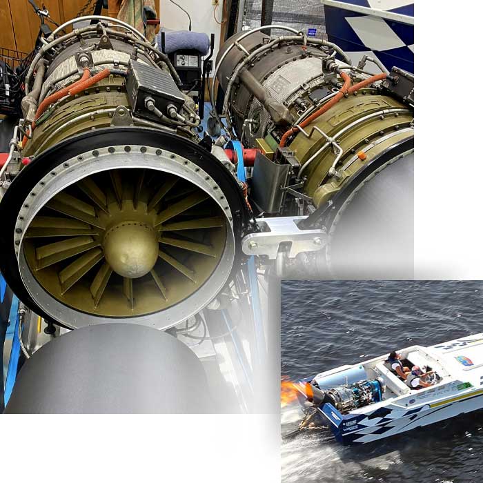 Pictured is a jet powered turbine engine and jet boat operated by Captain John Hice of Gulf Coast Marine Service